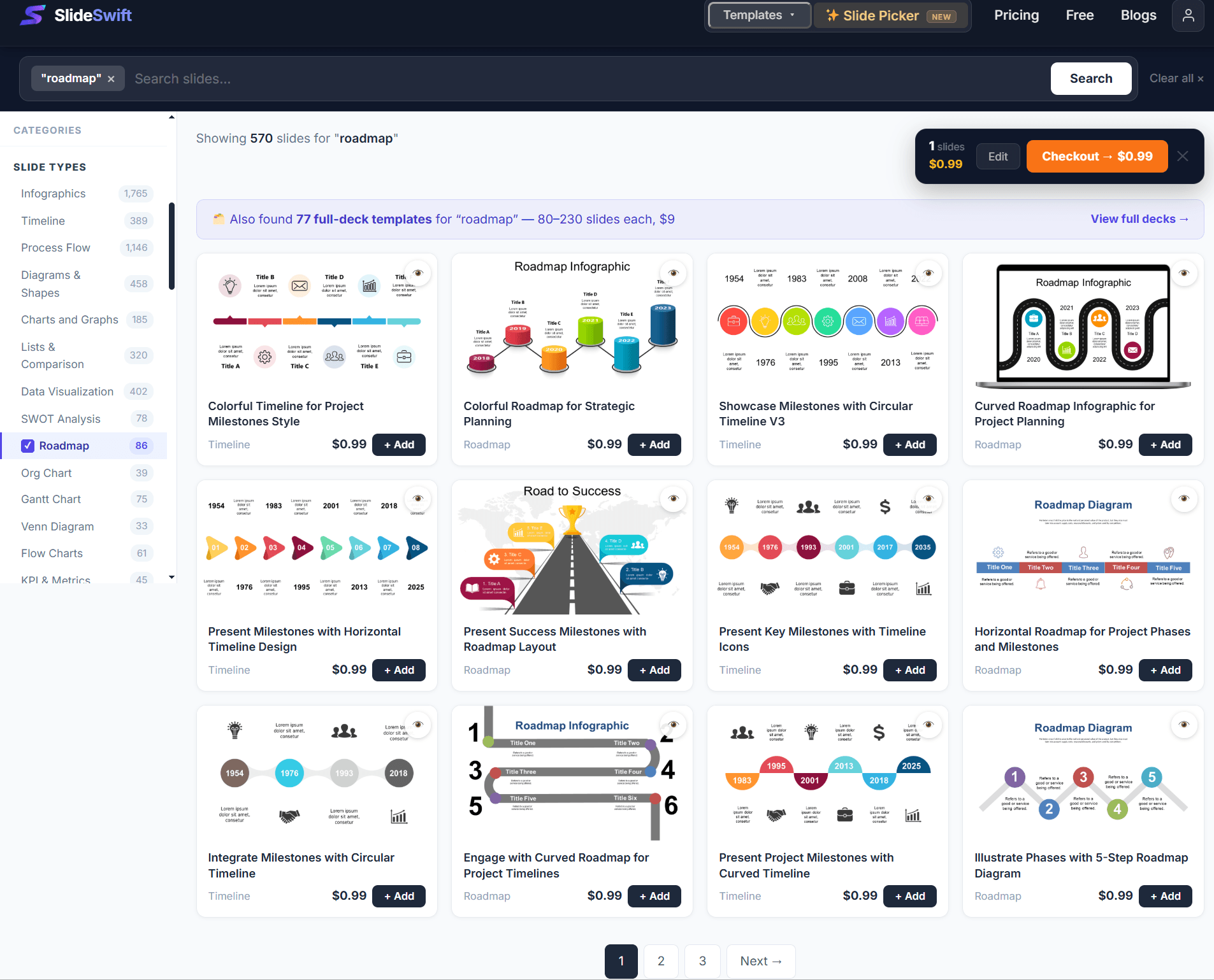 Roadmap slides in SlideSwift Slide Library — individual slides from $0.99