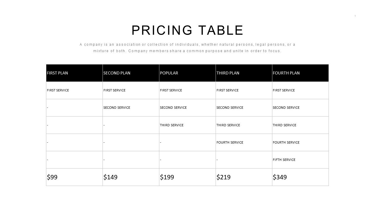 Transparent Pricing Table for Services