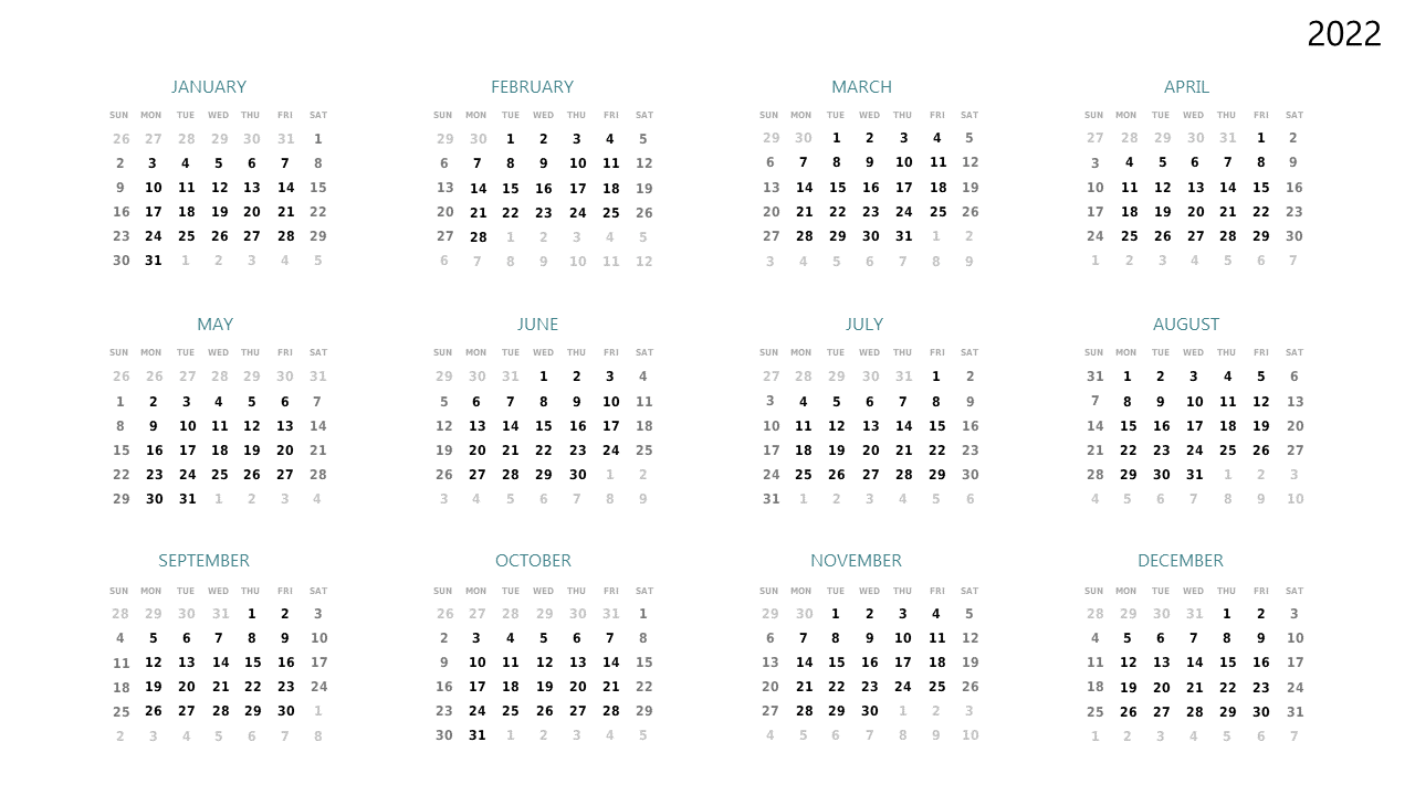 Annual Calendar Layout for 2022 Planning