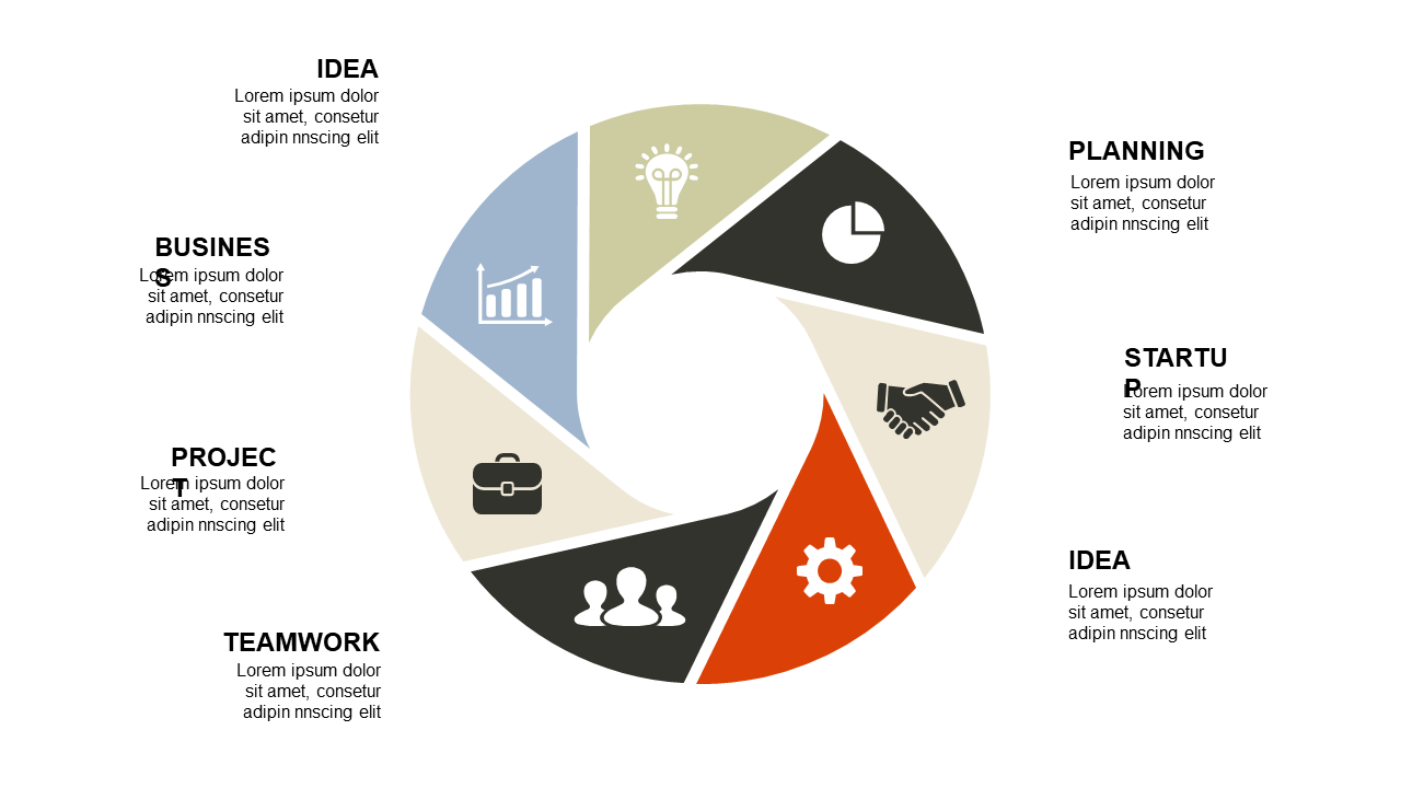 Represent Project Phases with 6-Step Circular Diagram
