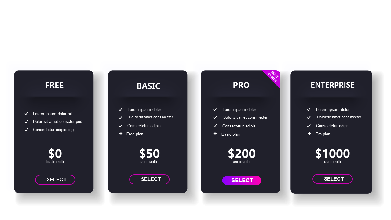 Dark Theme Pricing Plans for Subscription Services
