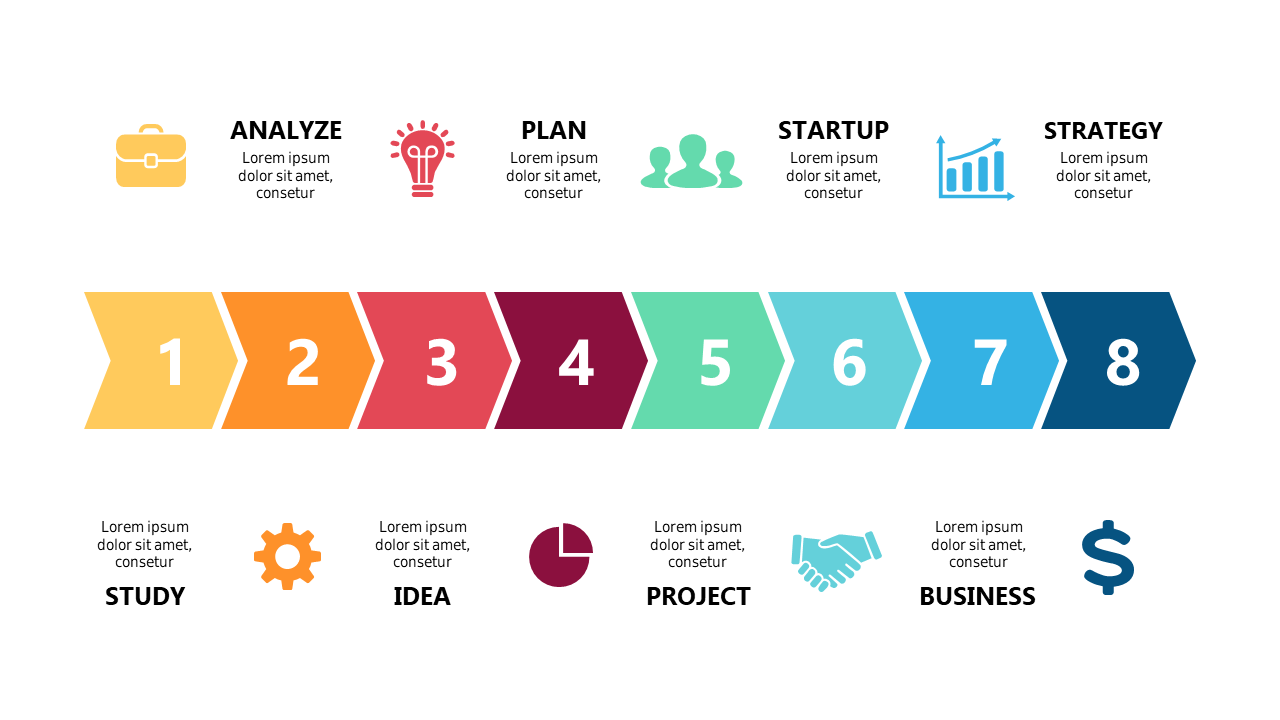 Present 8-Step Processes with Colorful Flow Diagram