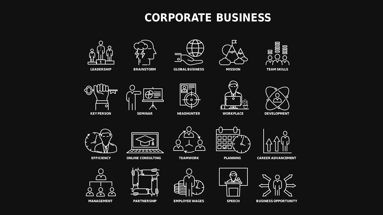 Line Icon Corporate Finance Icon Set - Dark - Charcoal Gold
