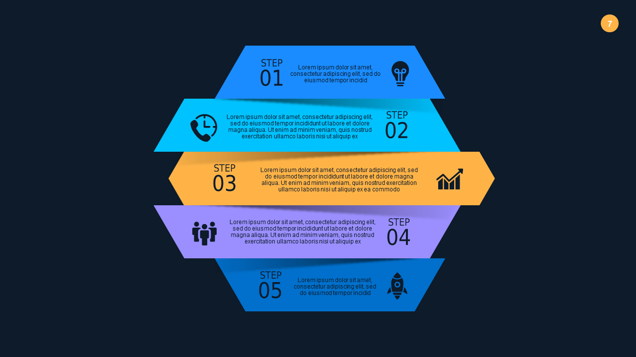 5-Step Process Flow Diagram PowerPoint Template Dark (Ocean Blue)