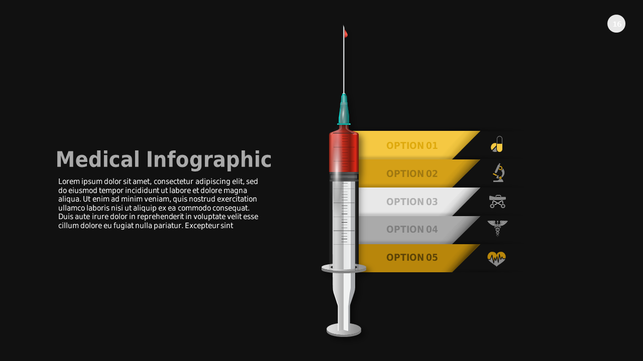 Medical Infographic PowerPoint Template Dark (Charcoal Gold)