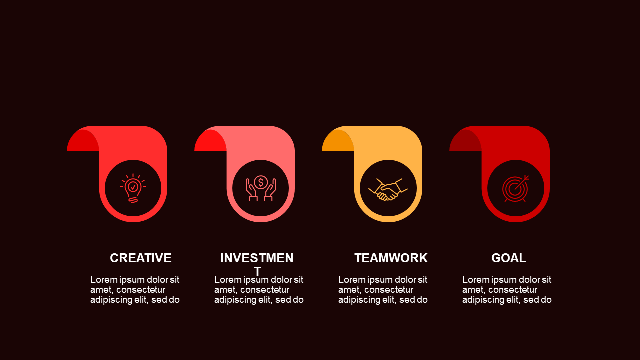 Icon-Based Concept Overview PowerPoint Template Dark (Crimson Bold)