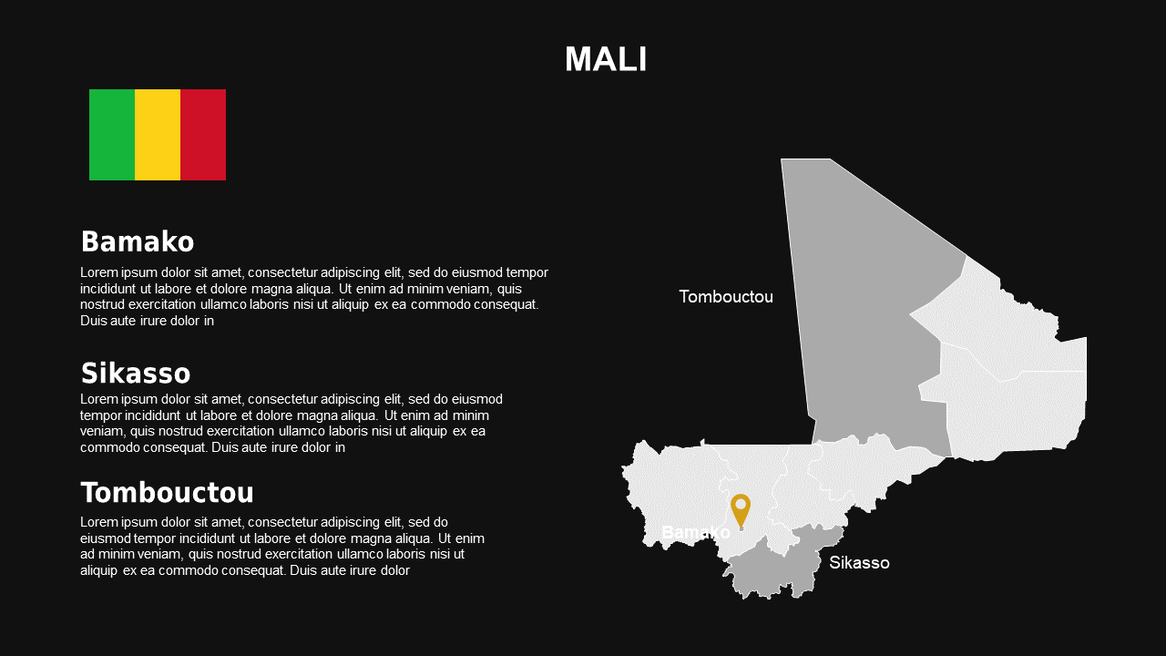 Mali Map and Regions Overview PowerPoint Template Dark (Charcoal Gold)