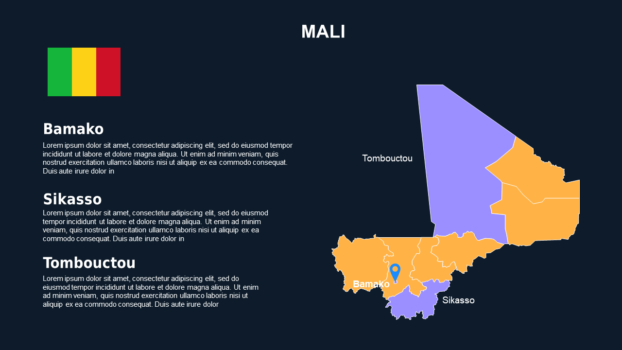 Mali Map and Regions Overview PowerPoint Template (Ocean Blue)