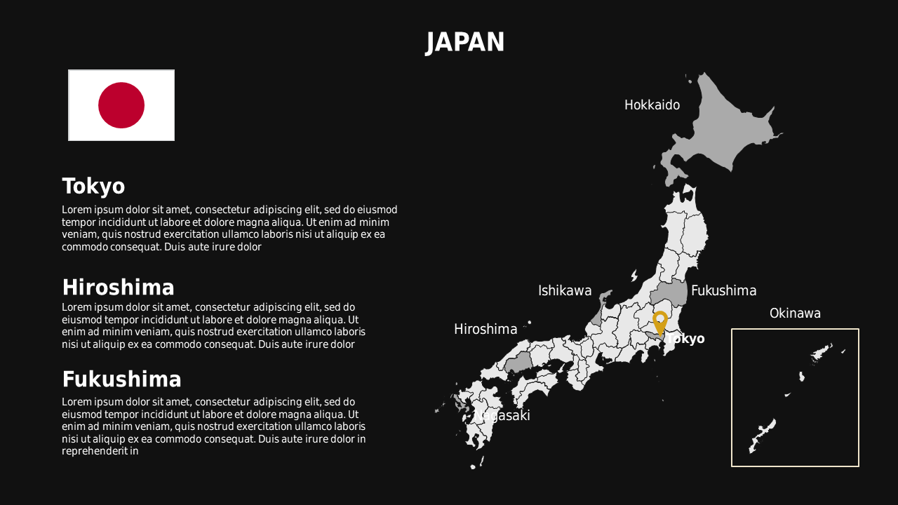 Japan Map Overview PowerPoint Template Dark (Charcoal Gold)