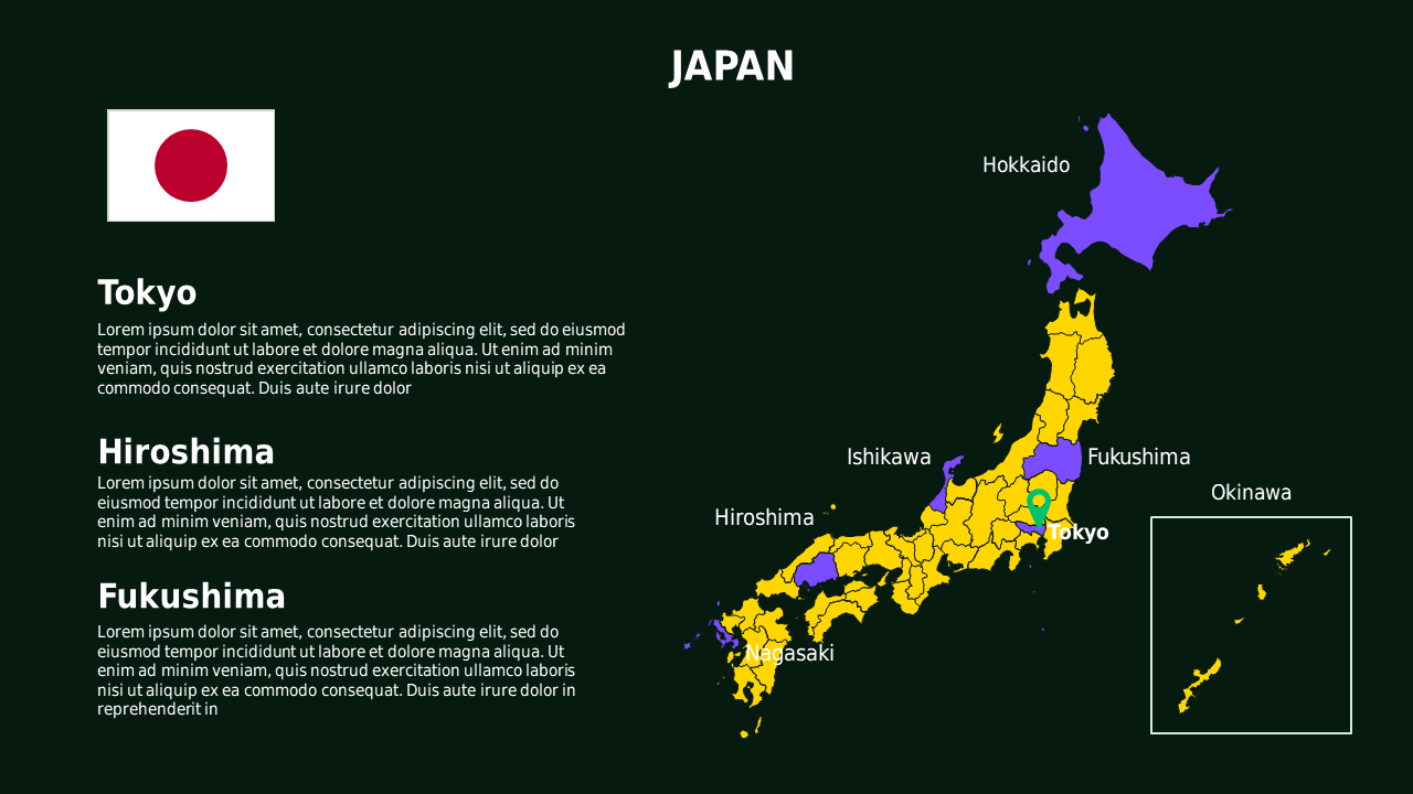 Japan Map Overview PowerPoint Template Dark (Corporate Green)