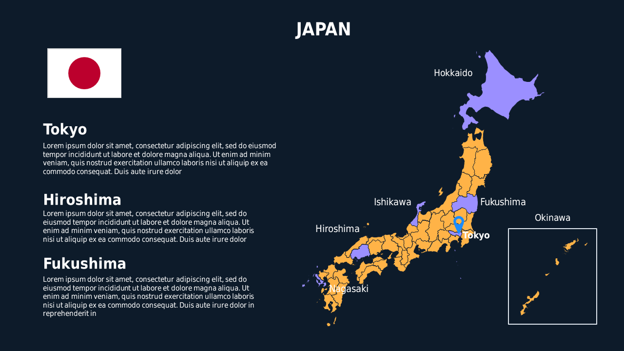Japan Map Overview PowerPoint Template Dark (Ocean Blue)