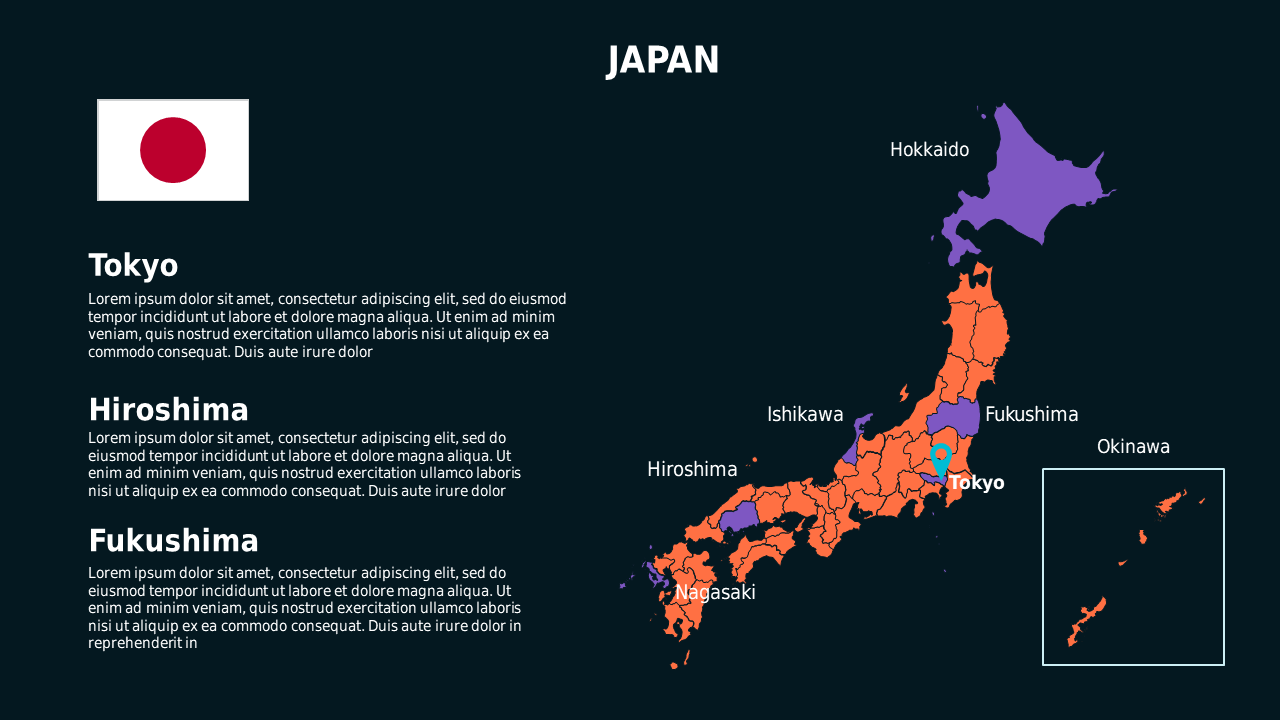 Japan Map Overview PowerPoint Template Dark (Teal Modern)