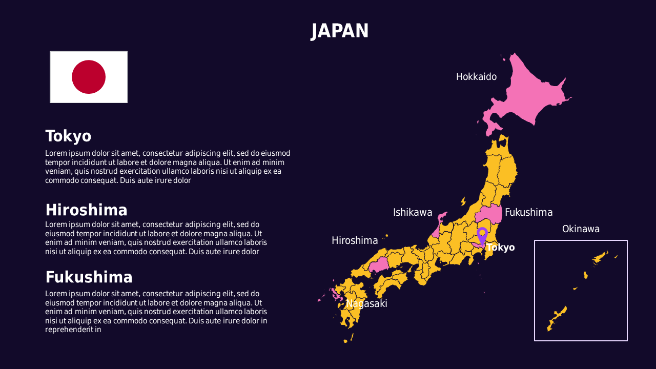 Japan Map Overview PowerPoint Template (Royal Purple)