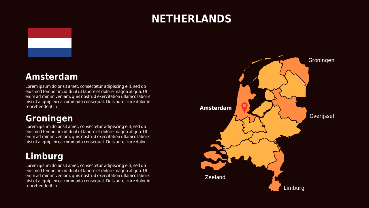 Netherlands Map PowerPoint Template Dark (Crimson Bold)
