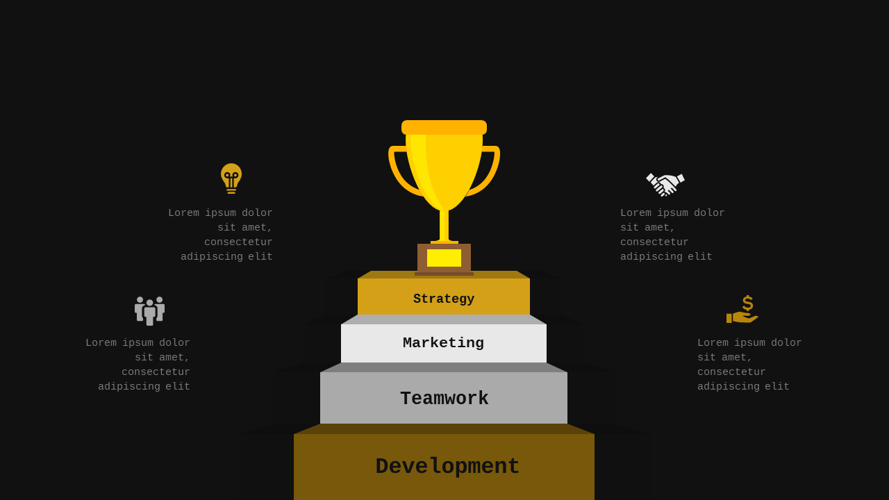 Trophy Achievement Steps Infographic PowerPoint Template Dark (Charcoal Gold)