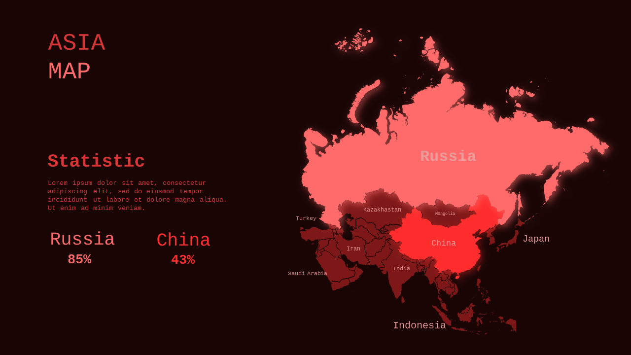Asia Map Infographic PowerPoint Template Dark (Crimson Bold)