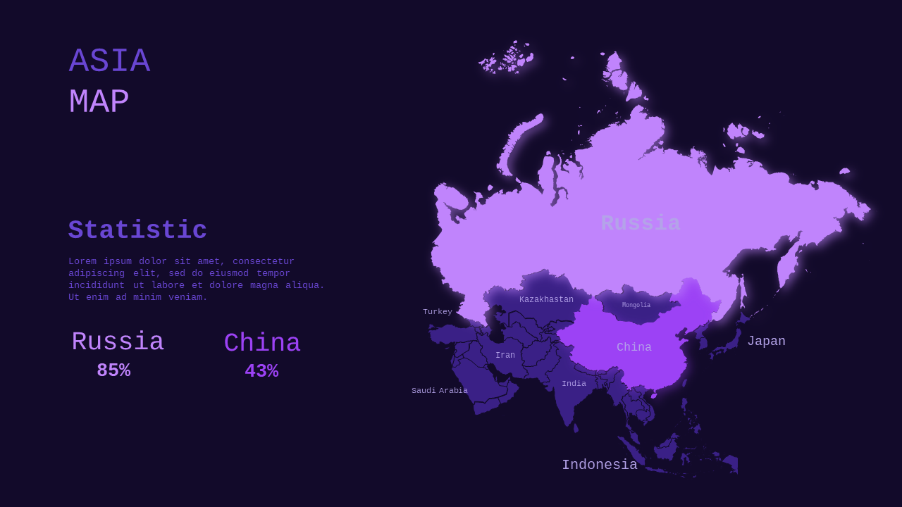 Asia Map Infographic PowerPoint Template Dark (Royal Purple)