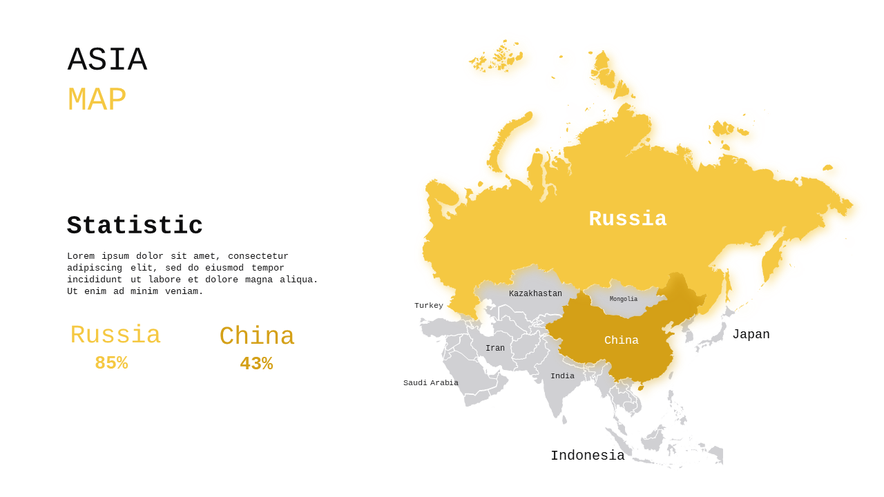 Asia Map Infographic PowerPoint Template (Charcoal Gold)