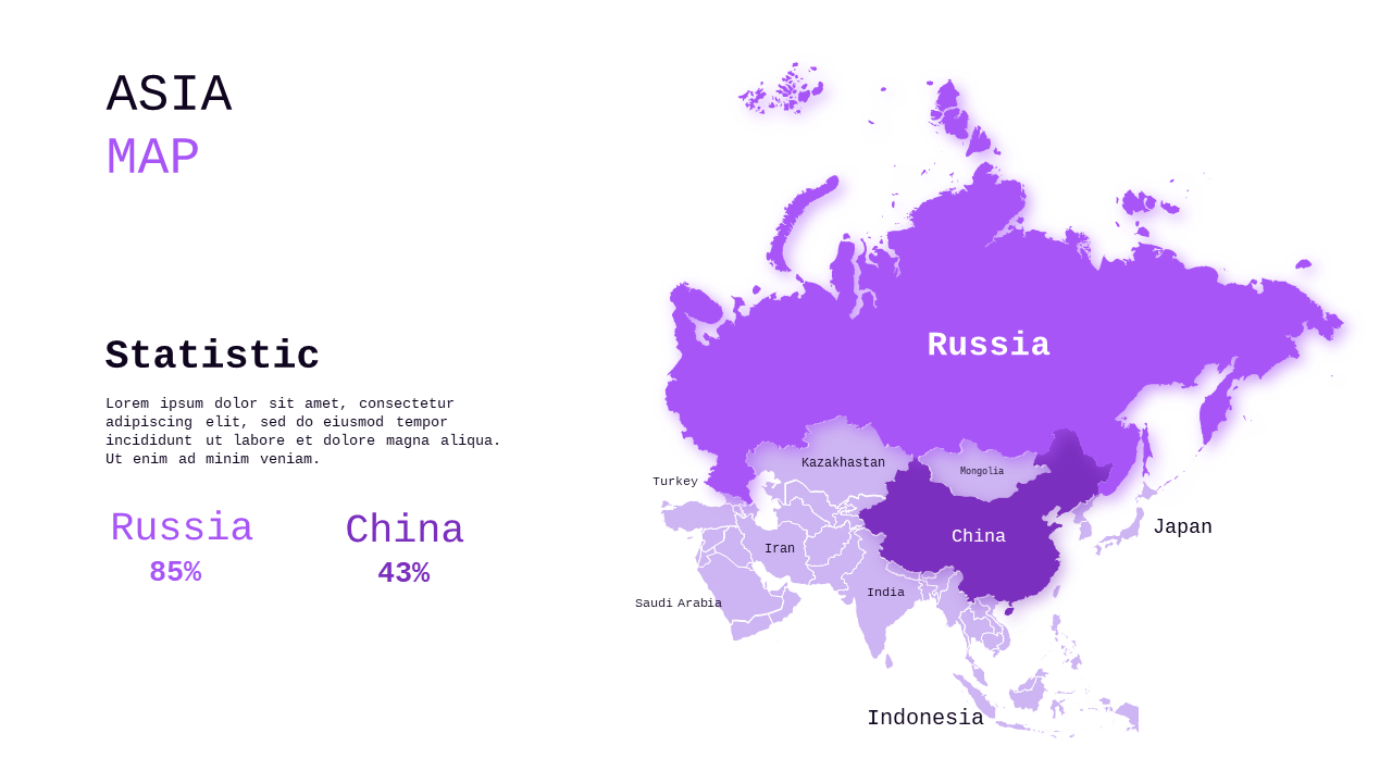 Asia Map Infographic PowerPoint Template (Royal Purple)
