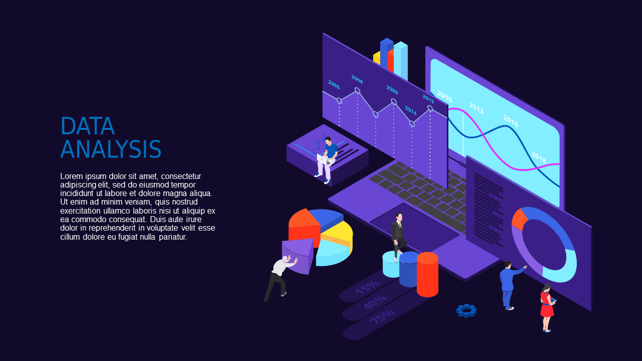 Data Analysis Isometric PowerPoint Template Dark (Royal Purple)
